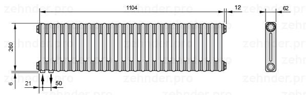 Схема (чертеж) Радиатор Zehnder Charleston 2026/24 №3370 Белый глянцевый RAL 9016